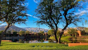 A serene landscape with a lake, trees, and a mountain in the background. - Lakeside luxury home w/ private pool & spa, fireplace & outdoor kitchen-dog ok (La Quinta)