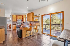Fridge, microwave, oven, stovetop - Polished Mountain Home with Fireplaces, Decks, WiFi & Forest View - 2 Dogs OK (Flagstaff)