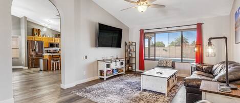 Smart TV, fireplace, books
