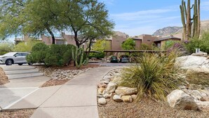 A residential area with a paved driveway, a cactus, and a building with a brown roof. - Snowbird-friendly condo w/shared heated outdoor pool, hot tub & tennis (Tucson)