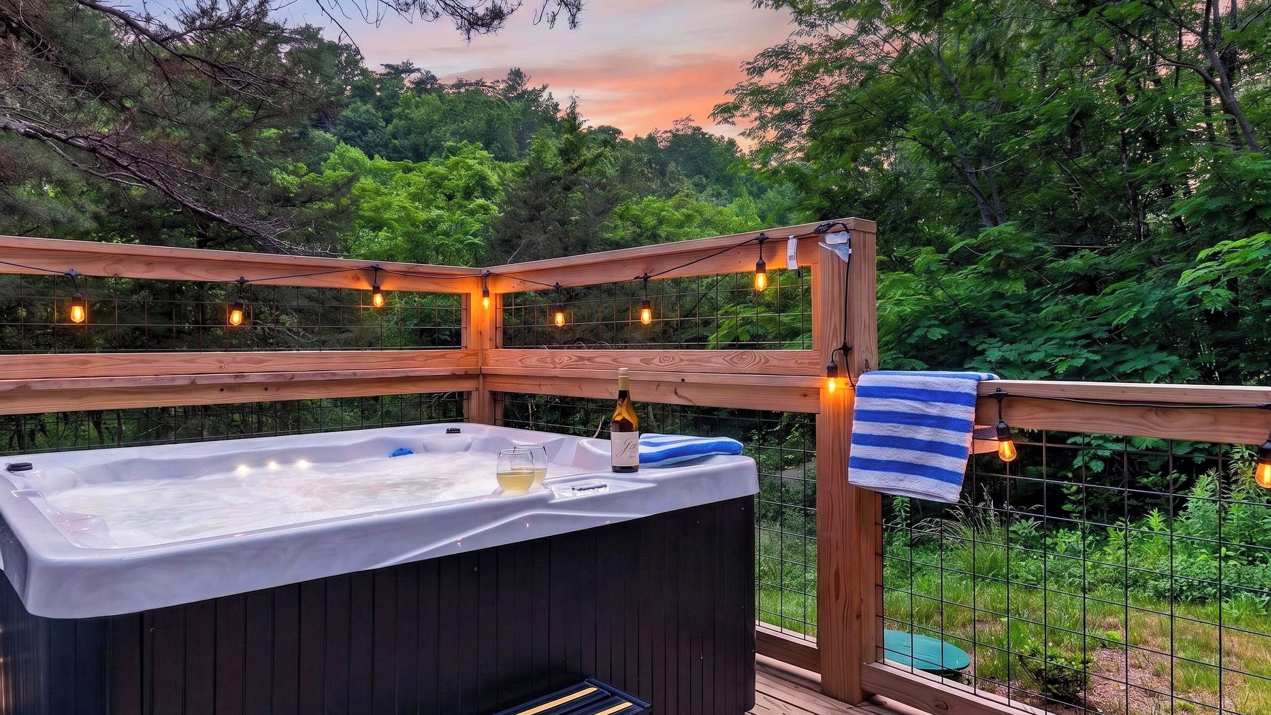 A hot tub with a bottle of wine and glasses, surrounded by a wooden deck and string lights.