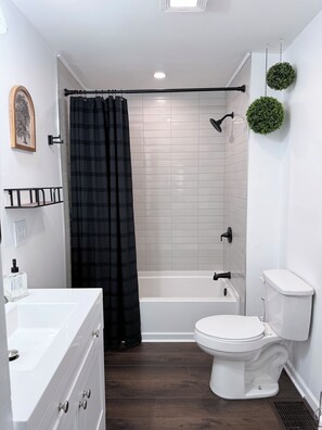 Hair dryer, towels, toilet paper