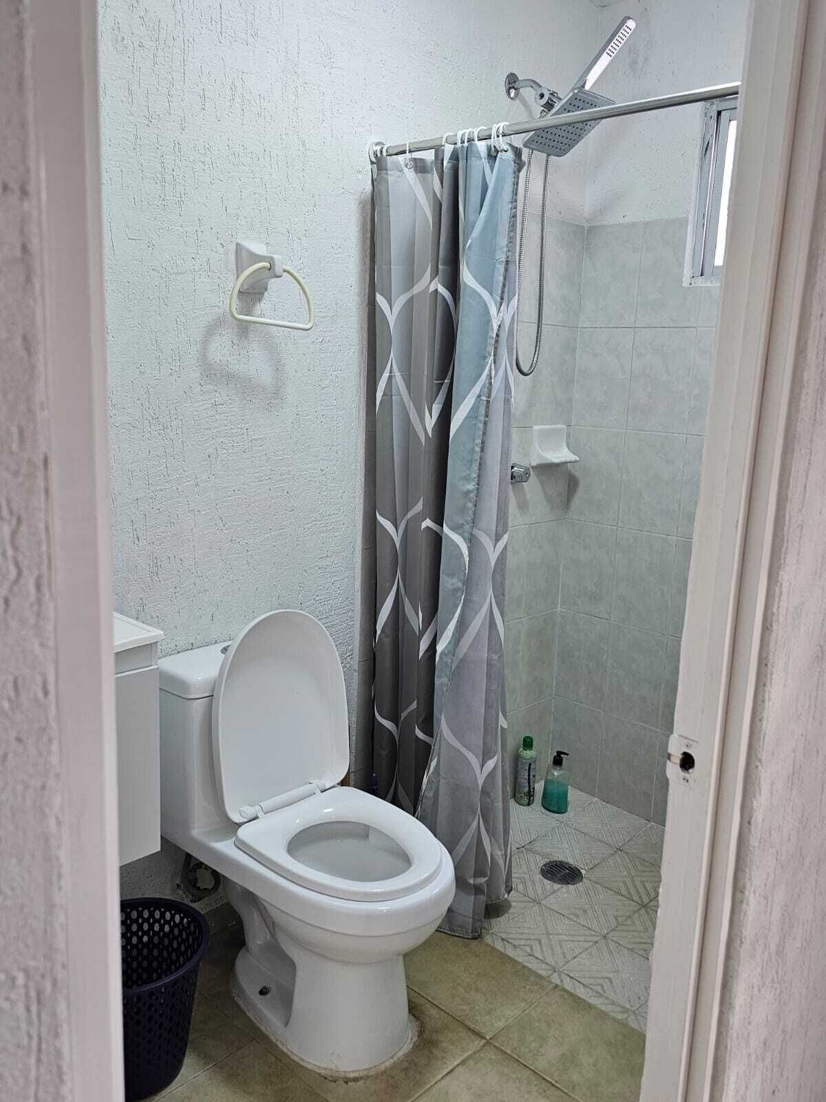 Une salle de bain avec des toilettes, une douche et un rideau.