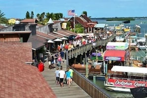 Eine Pier mit einer Holzstege, Booten und einem Boots namens 'Dolphine Quest' mit Delphin-Motiv.