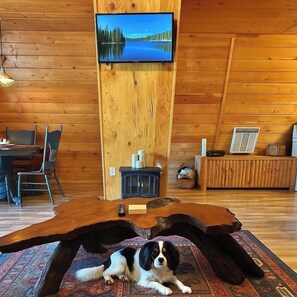 Un intérieur en bois avec un téléviseur fixé au mur, un coin repas avec des chaises, un meuble et un tapis.