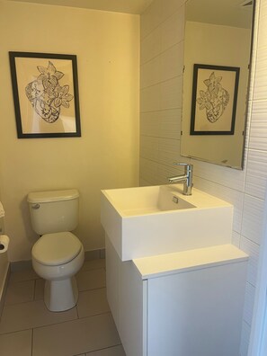 Hair dryer, towels, soap, toilet paper