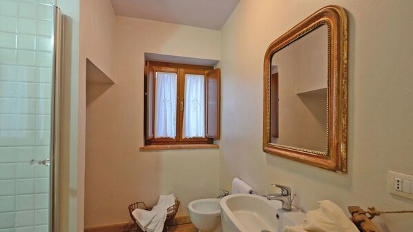 A bathroom with a toilet, bidet, sink, and a mirror.