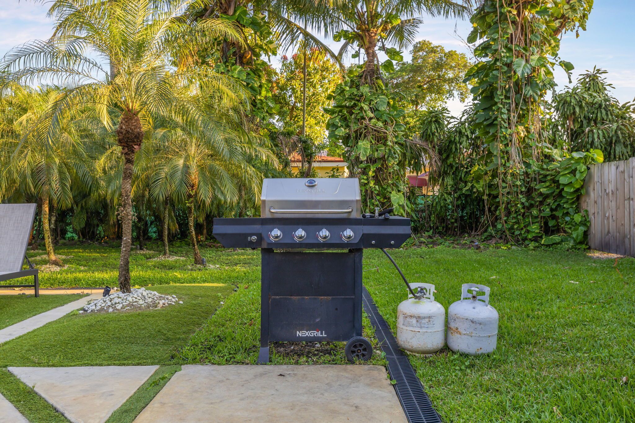 A backyard with a black grill, two propane tanks, and lush greenery.