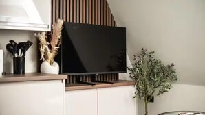 A modern living room with a flat-screen TV mounted on a white cabinet, a small table with a vase of dried plants, and a potted plant on a glass table. - Edinburgh Apartment - Sleeps 2 - Royal Mile Close (Edinburgh)
