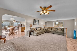 TV, fireplace, DVD player, video library - Falls House: Private Riverfront Living Overlooking the North Fork at The Falls (Dora)