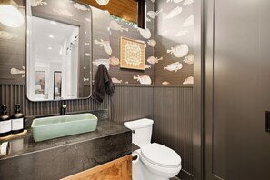 Hiustenkuivaaja, pyyhkeet, saippua, vessapaperi