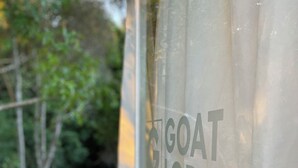 A glass window with the text "GOAT CLOUSE" partially visible.