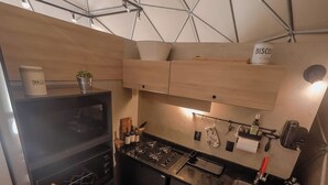 A compact kitchen with a built-in stove, a sink, and a wooden countertop. There is a ceiling with a geometric pattern and a small potted plant on the countertop.