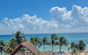 Strandblick mit Palmen und einem Gebäude mit Reetdach.