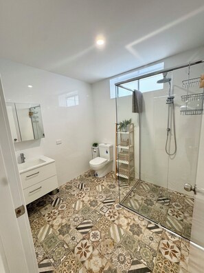 Shower, towels, soap, toilet paper