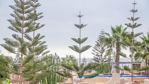 Una zona de resort amb palmeres, una piscina i un senyal amb la inscripció 'Televes'.