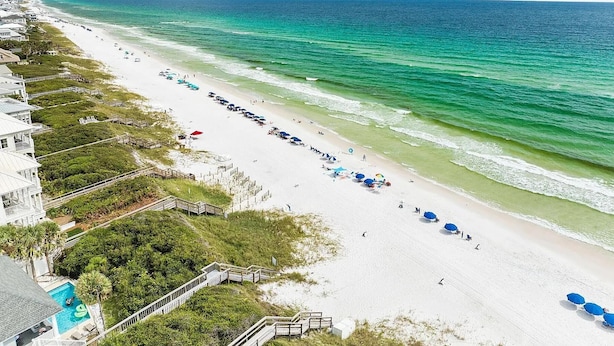 A beach with a long stretch of white sand, a clear blue ocean, and a few buildings along the shore. - Grand Isle Condo 306 (Santa Rosa Beach)