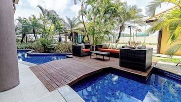 Outdoor pool, pool umbrellas, pool loungers