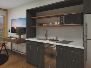 Frigobar, micro-ondas, cooktop, lava-louças