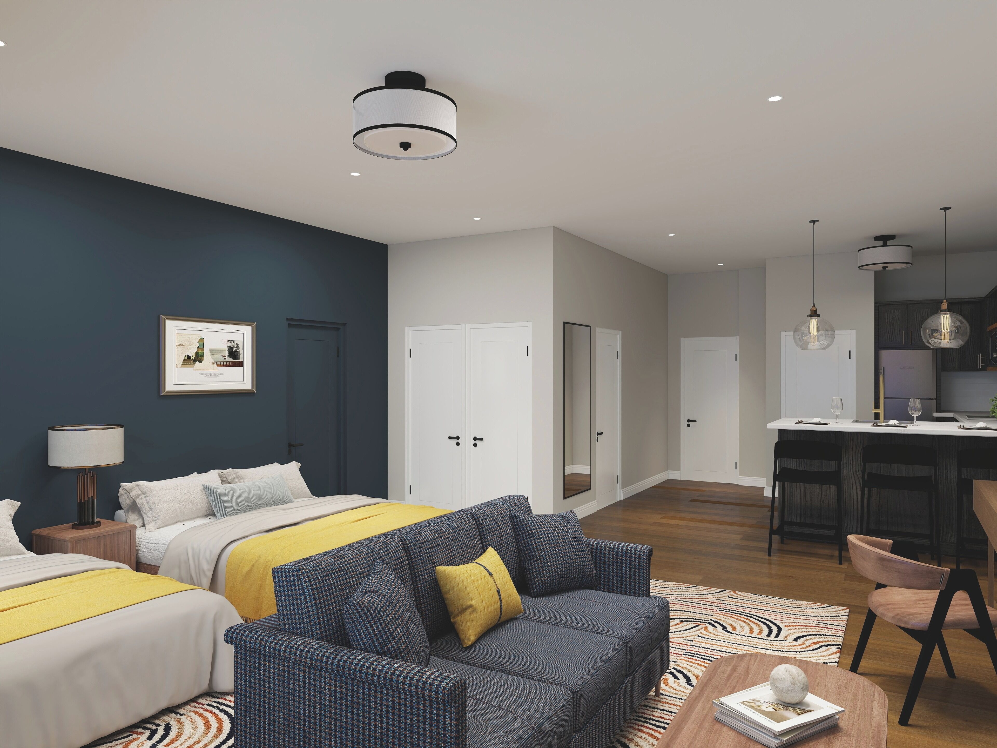 Safe på rommet, skrivebord for bærbar PC og strykejern/-brett