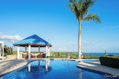 A pool area with a gazebo, palm trees, and a view of the ocean.