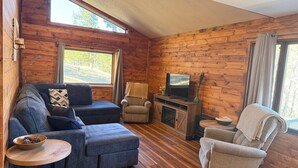Ein gemütliches Blockhaus-Interieur mit Sofa, Sessel und Fernseher auf einem Holzboden.