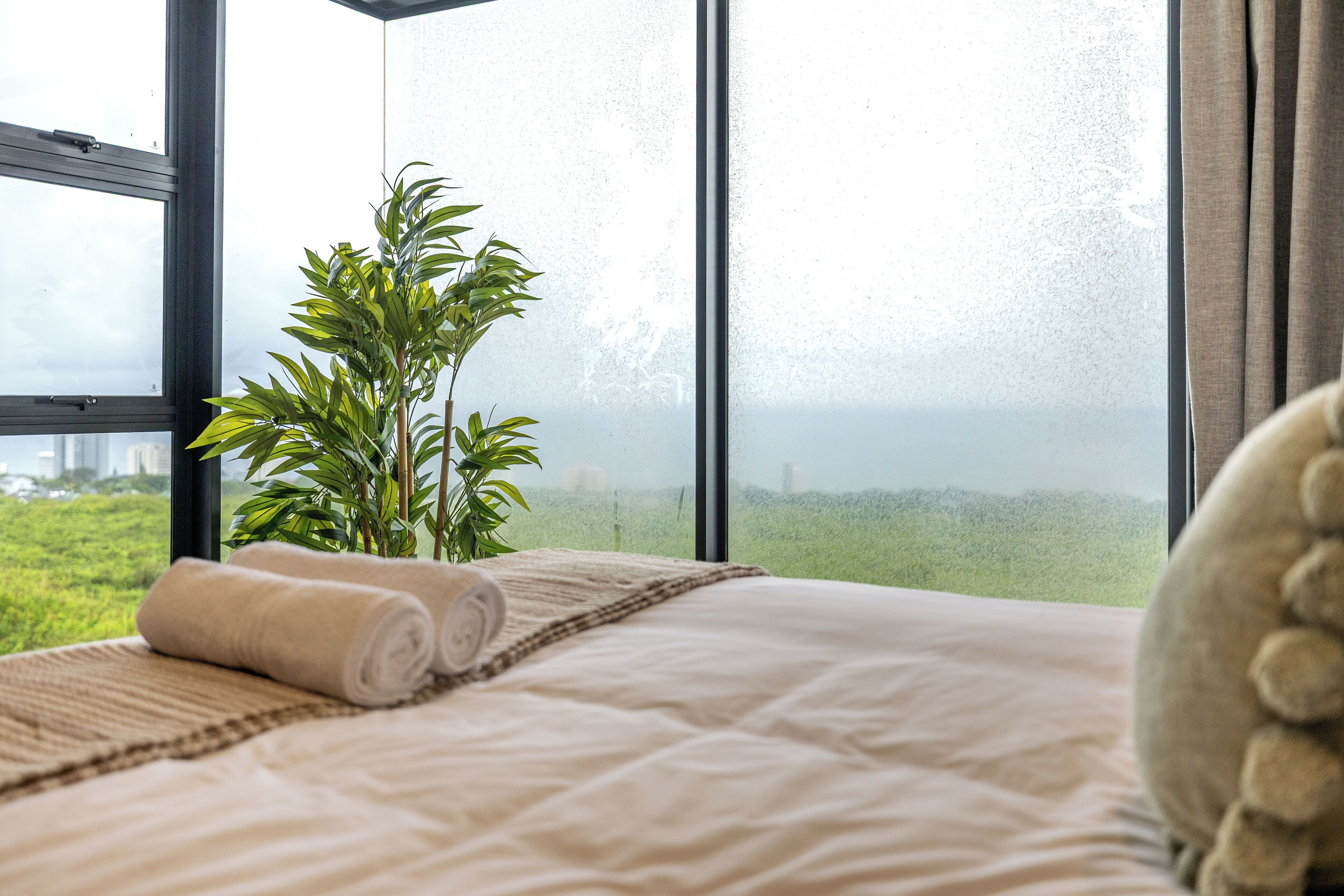 Habitación de hotel con un ventanal grande, una cama con manta color beige, una planta en maceta y vistas a un paisaje verde.