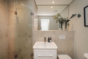 Ein modernes Badezimmer mit Duschkabine aus Glas, einem weißen Waschbecken mit zwei Flaschen und einer Topfpflanze an der Wand.