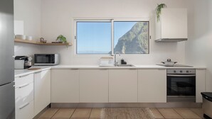 Eine moderne Küche mit weißen Schränken, einer Mikrowelle, einem Herd und einem Spülbecken. Ein Fenster bietet Blick auf einen Berg.