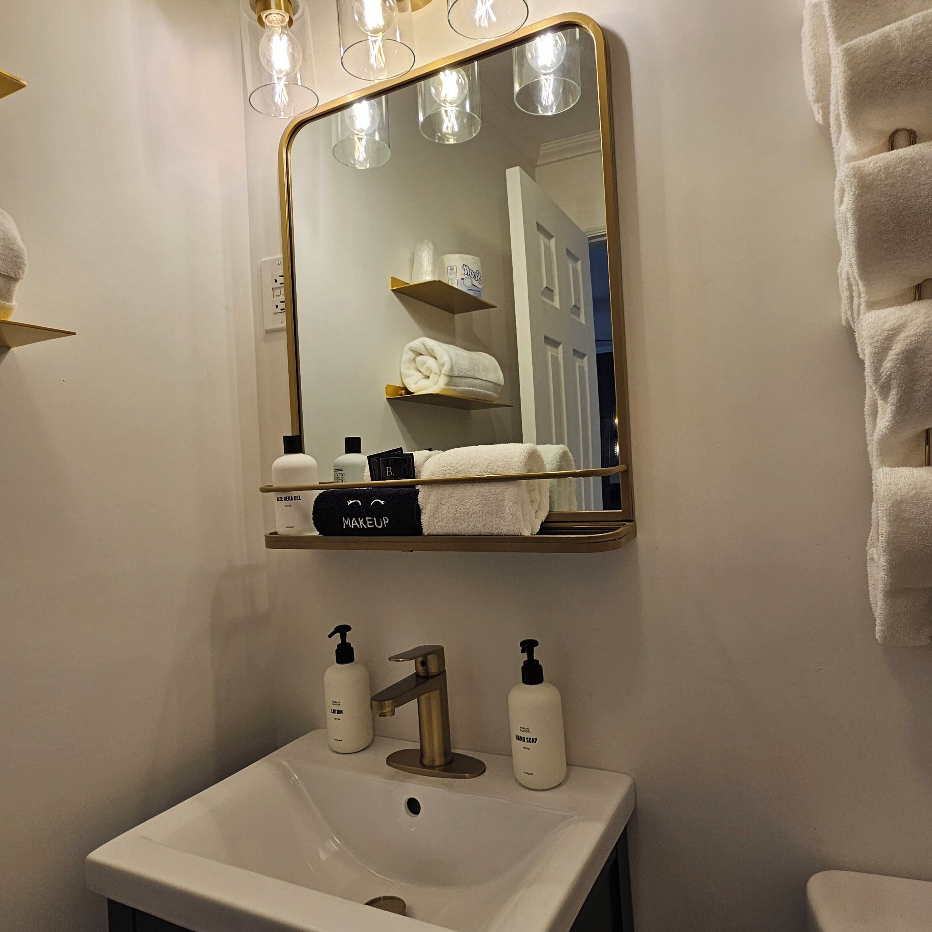 Hair dryer, towels, soap, toilet paper