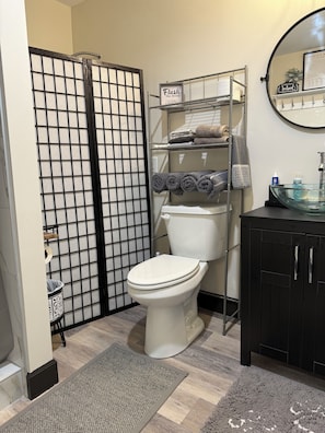 Dusche, Haartrockner, Seife, Toilettenpapier