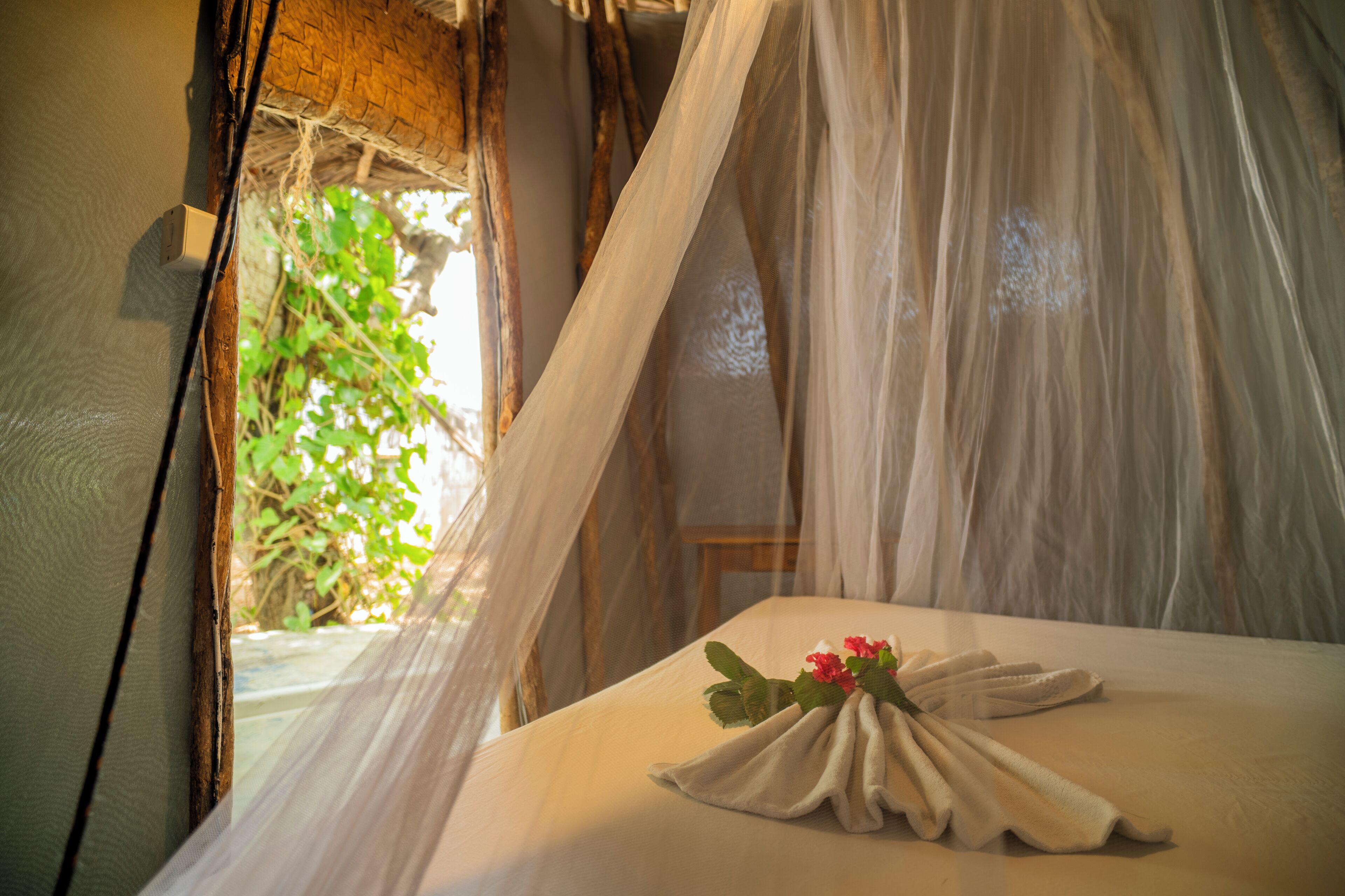 Quarto com cama, mosquiteiro e janela com vegetação lá fora.