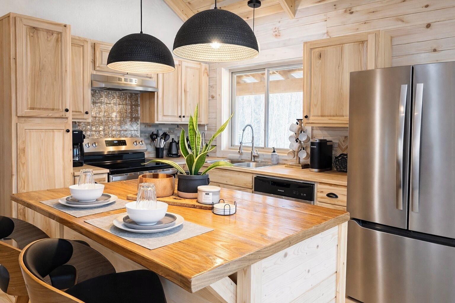 Réfrigérateur, four à micro-ondes, un four, surface de cuisson