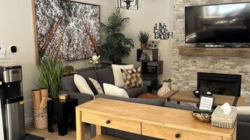 Smart TV, fireplace, books