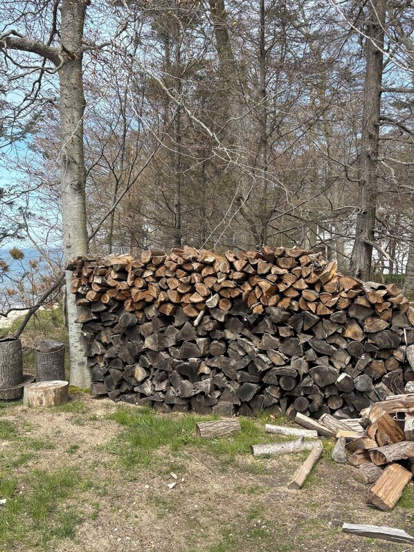 A stack of firewood in a forested area with trees and a body of water in the background. - Cozy Lake Michigan Cabin- Perfect for relaxing picturesque lake stays (Muskegon)