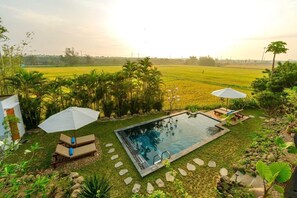 A rectangular swimming pool with a clear blue water surface, surrounded by a grassy area with palm trees and a view of a rice field in the background. -  Private 5BRs Pool Villa- Rice field.
 Best Sunrise view- Famiy-friendly- Hoi An (Thành phố Hội An)