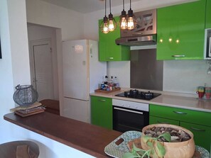 A kitchen with green cabinets, a white refrigerator, a stove, and hanging pendant lights. - Seasonal rental (le Diamant)