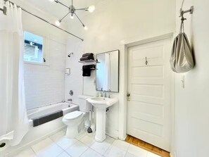 Hair dryer, towels, soap, toilet paper