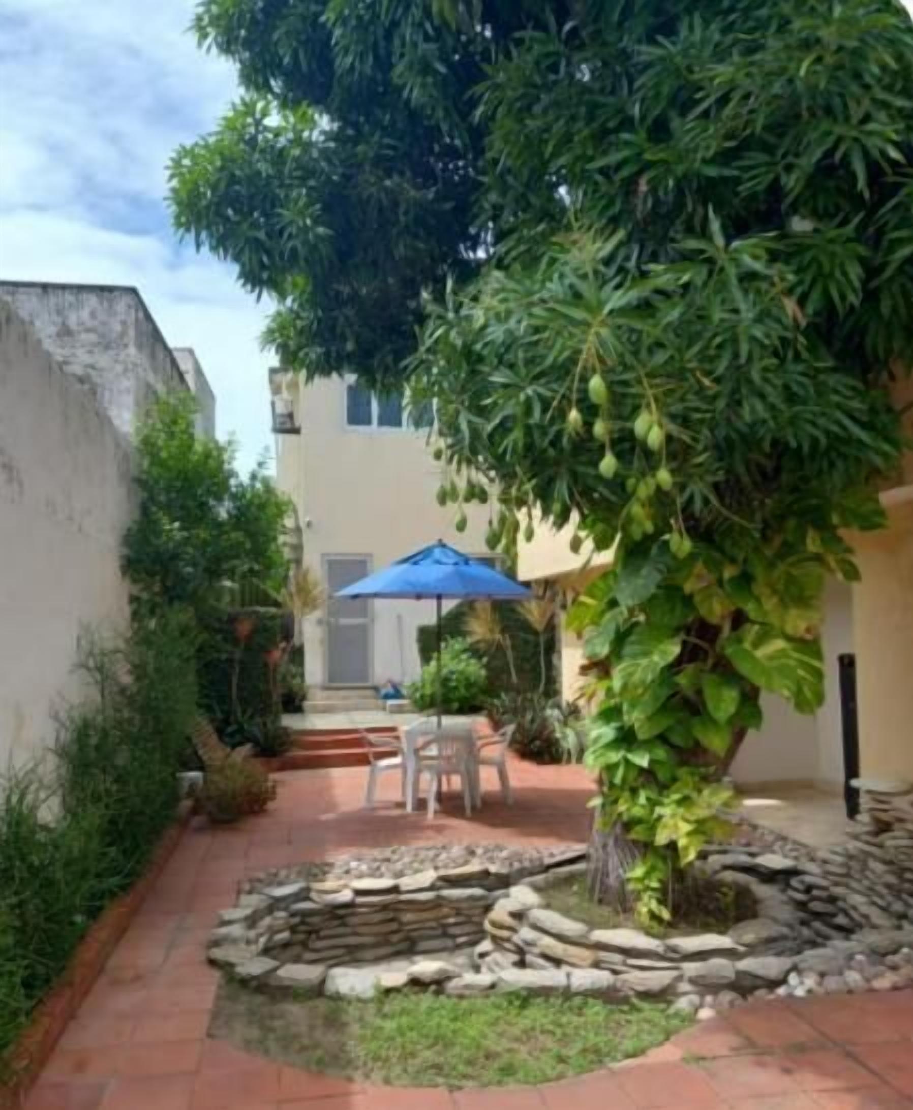 A courtyard with a stone fountain, a tree with green leaves, a blue umbrella, and a white building.
