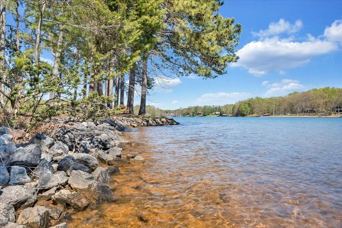 A clear view of a rocky shoreline with trees and a calm lake.
