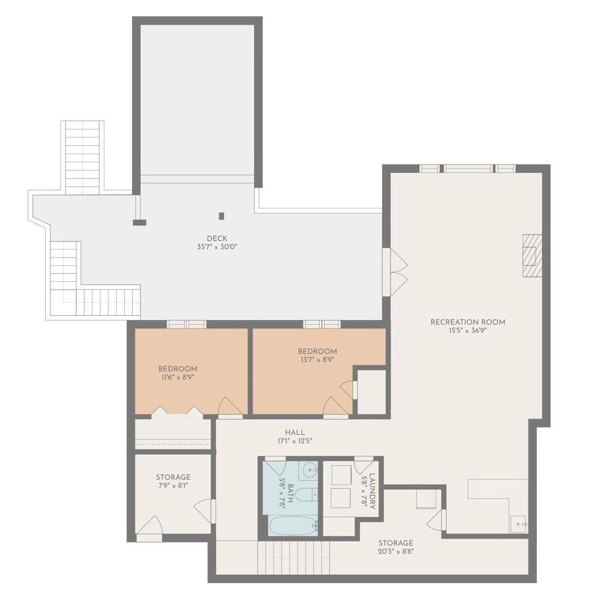 A floor plan of a house with a deck, two bedrooms, a recreation room, a hall, a bathroom, and two storage areas.