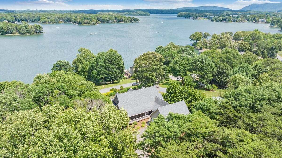 Ett hus med ett sluttande tak, omgivet av tät vegetation och en stor vattenyta.