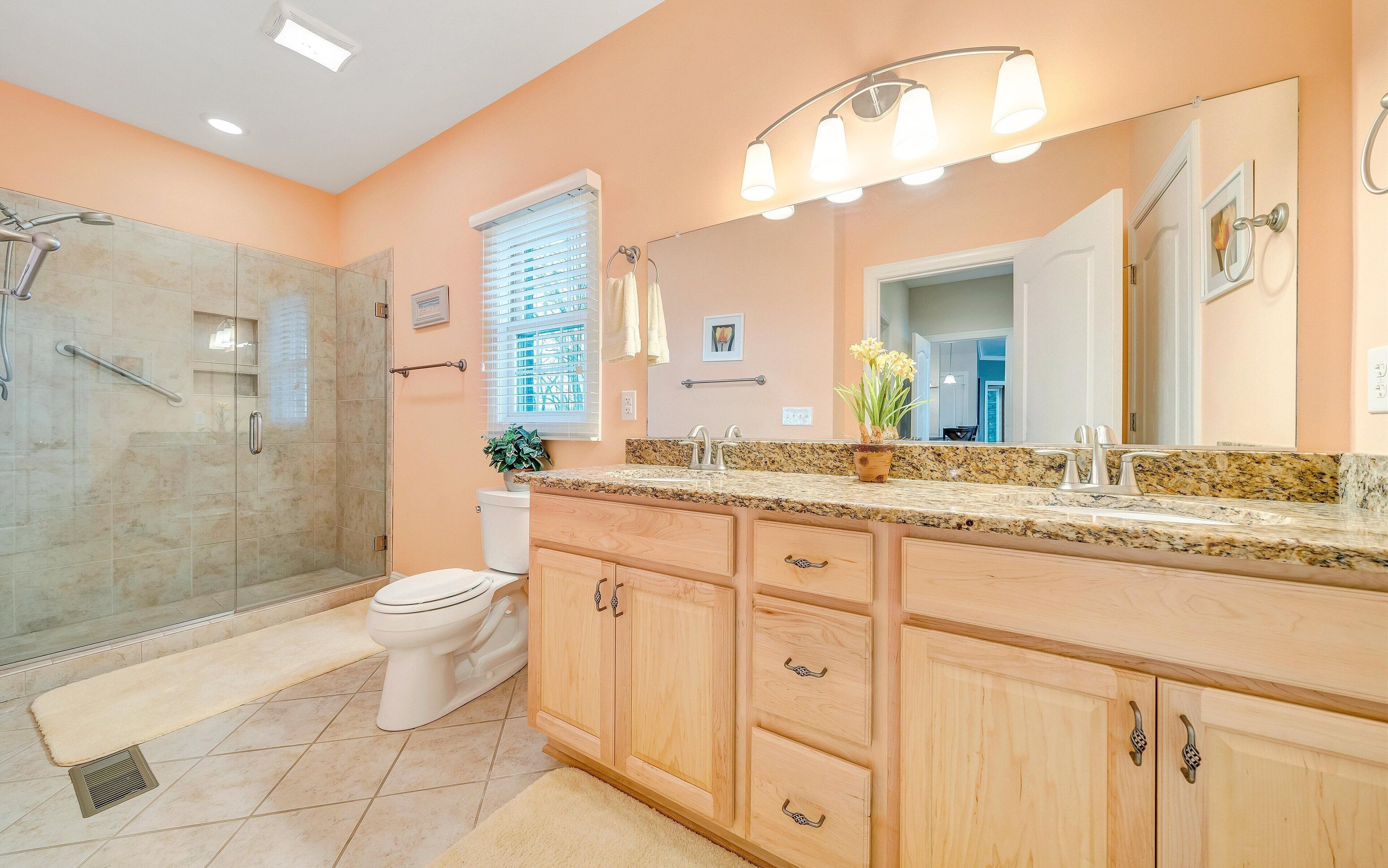 A bathroom with a walk-in shower, a toilet, a sink with a granite countertop, and wooden cabinets.