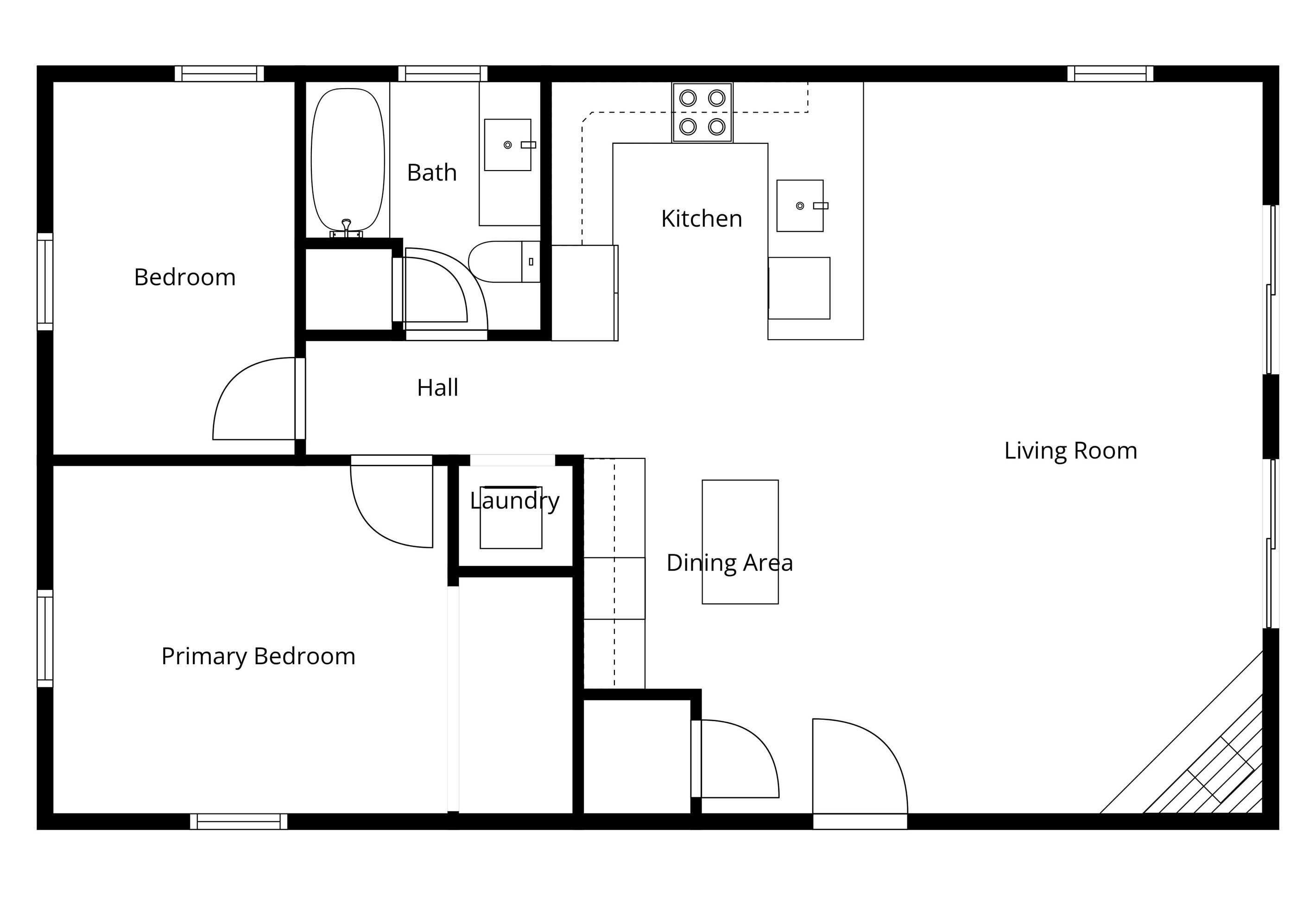 A floor plan of a house with a bedroom, bathroom, kitchen, living room, dining area, and primary bedroom.