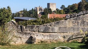 Un mur de pierre, avec une zone herbeuse au premier plan et un bâtiment avec un toit rouge en arrière-plan.