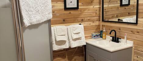 Shower, towels, soap, toilet paper