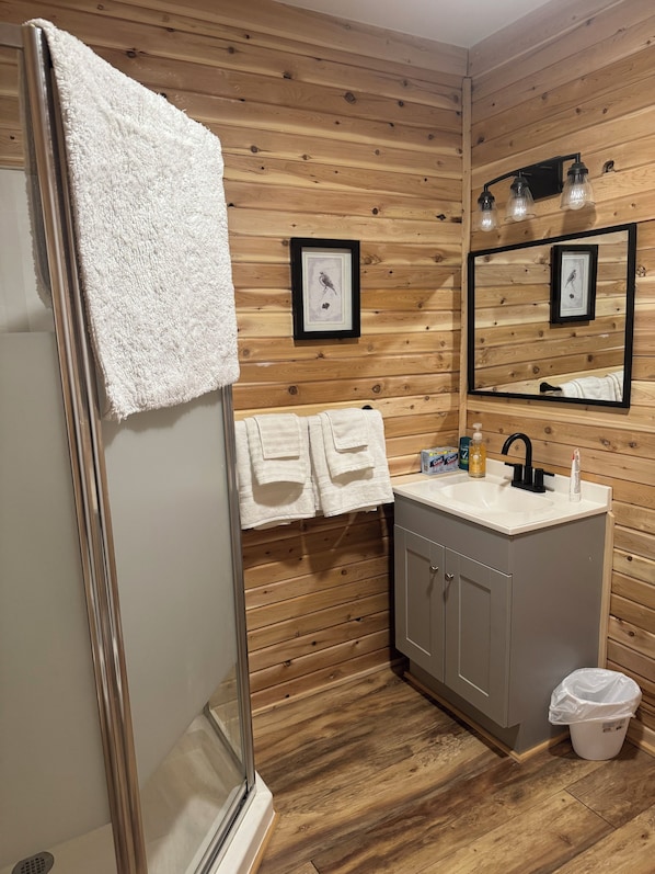 Shower, towels, soap, toilet paper