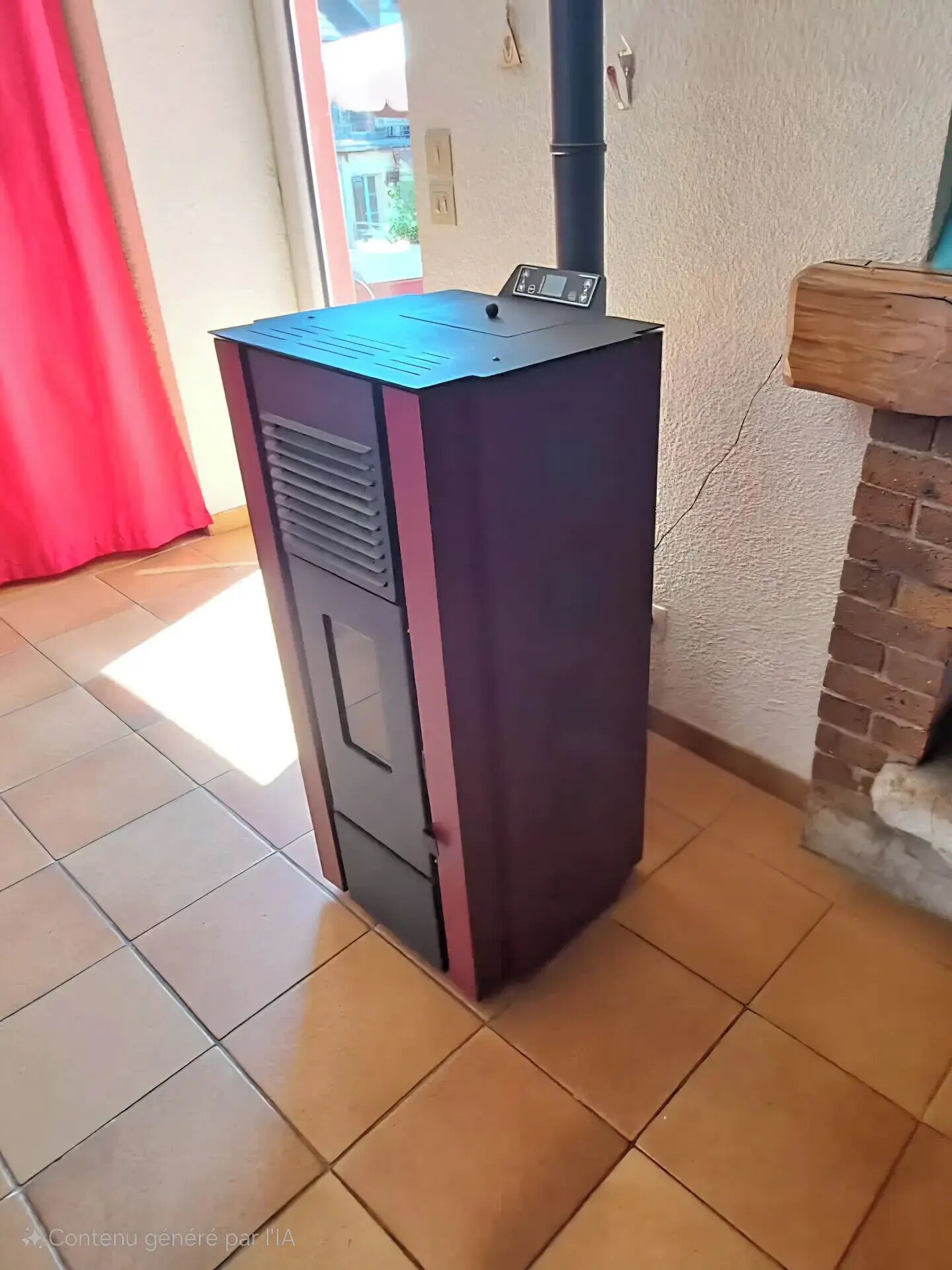 Une pièce avec un sol carrelé, un rideau rouge, un meuble en bois et un radiateur fixé au mur.