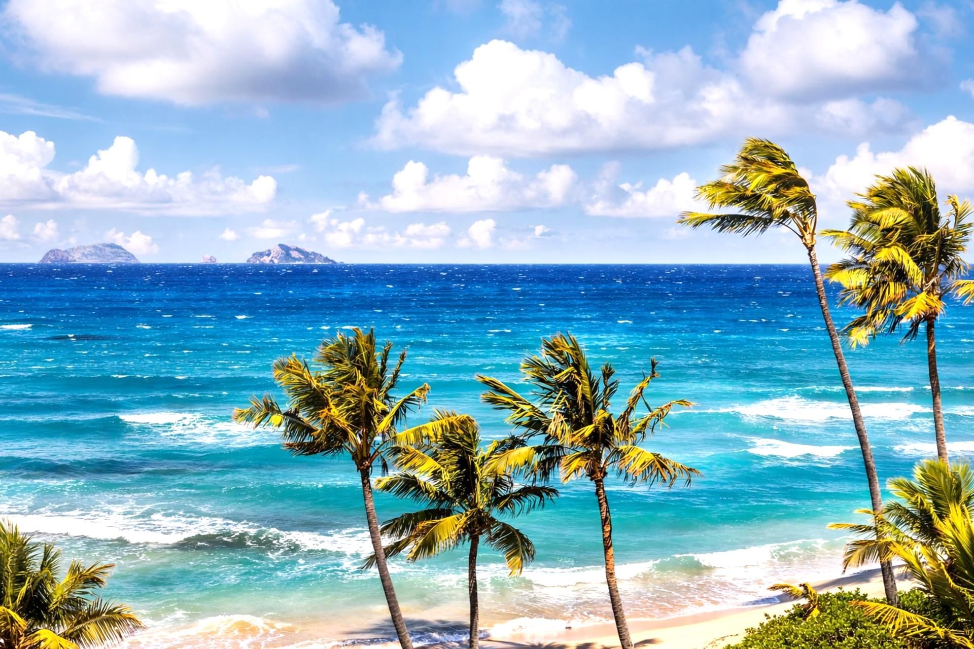 Una playa con palmeras y vista al océano.