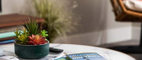 Une table ronde avec un magazine, une télécommande et une petite plante en pot.